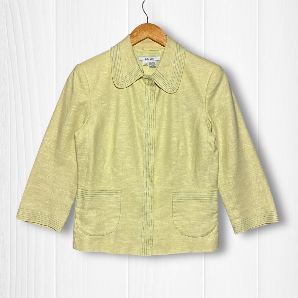 Zara‎ Ramie Cotton Snap Front Jacket 3/4 Sleeve Womens Size 4 Yellow